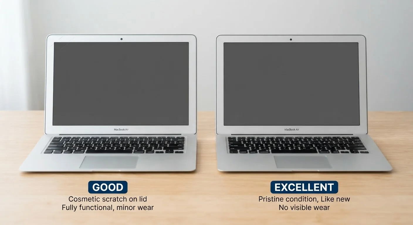 Two identical laptops side by side showing different cosmetic grading labels Good and Excellent