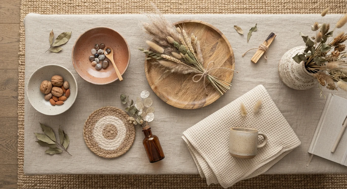 Flat lay of natural-material home decor items including ceramic bowls, wooden tray, and woven coaster.