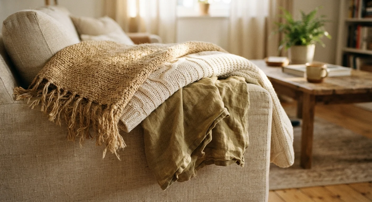 Layered linen, cotton, and jute textiles draped over a sofa arm in warm natural light.