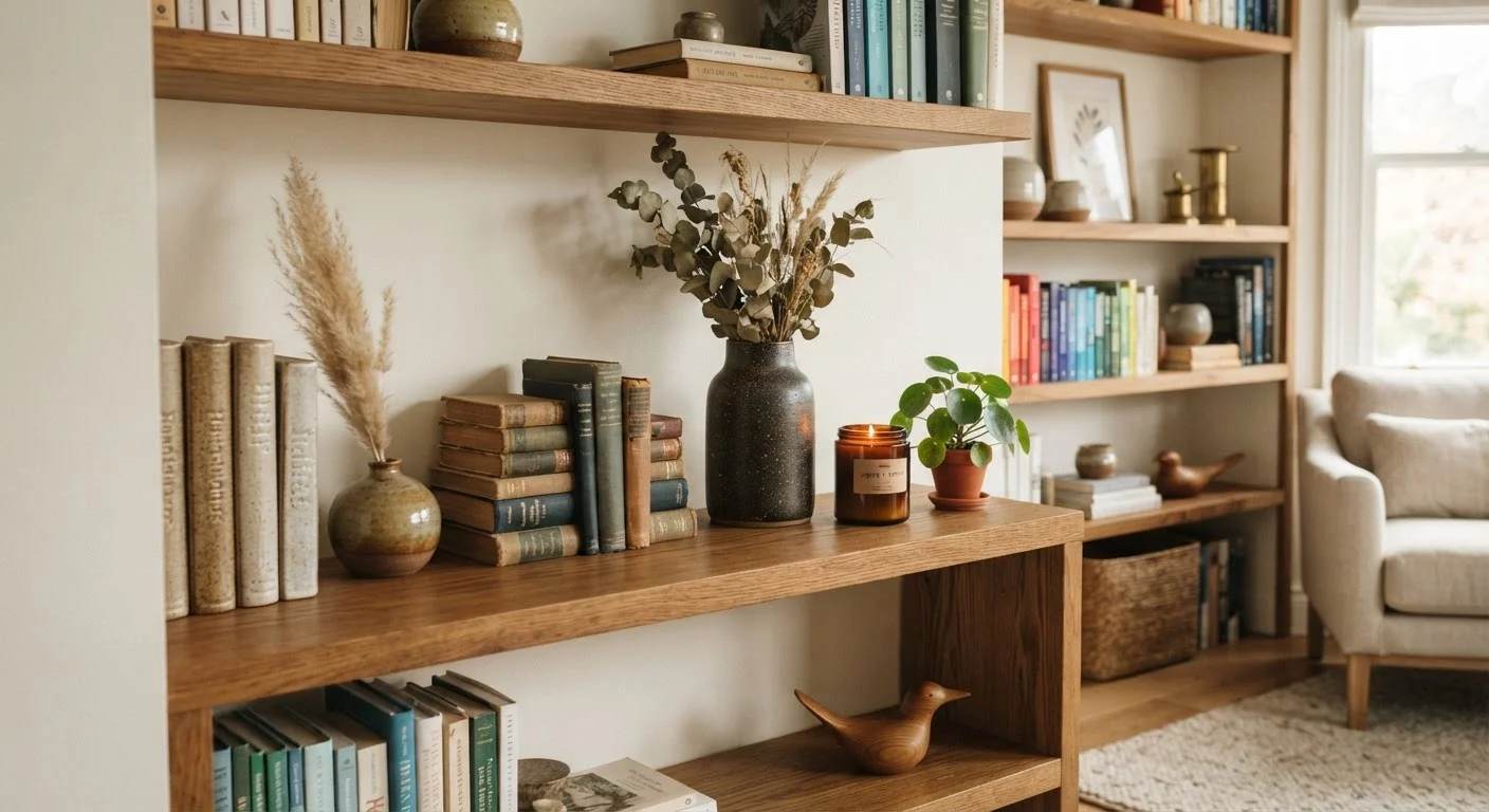 Bookshelf styled with ceramic vase, candle, and small plant grouped in odd numbers at varying heights.