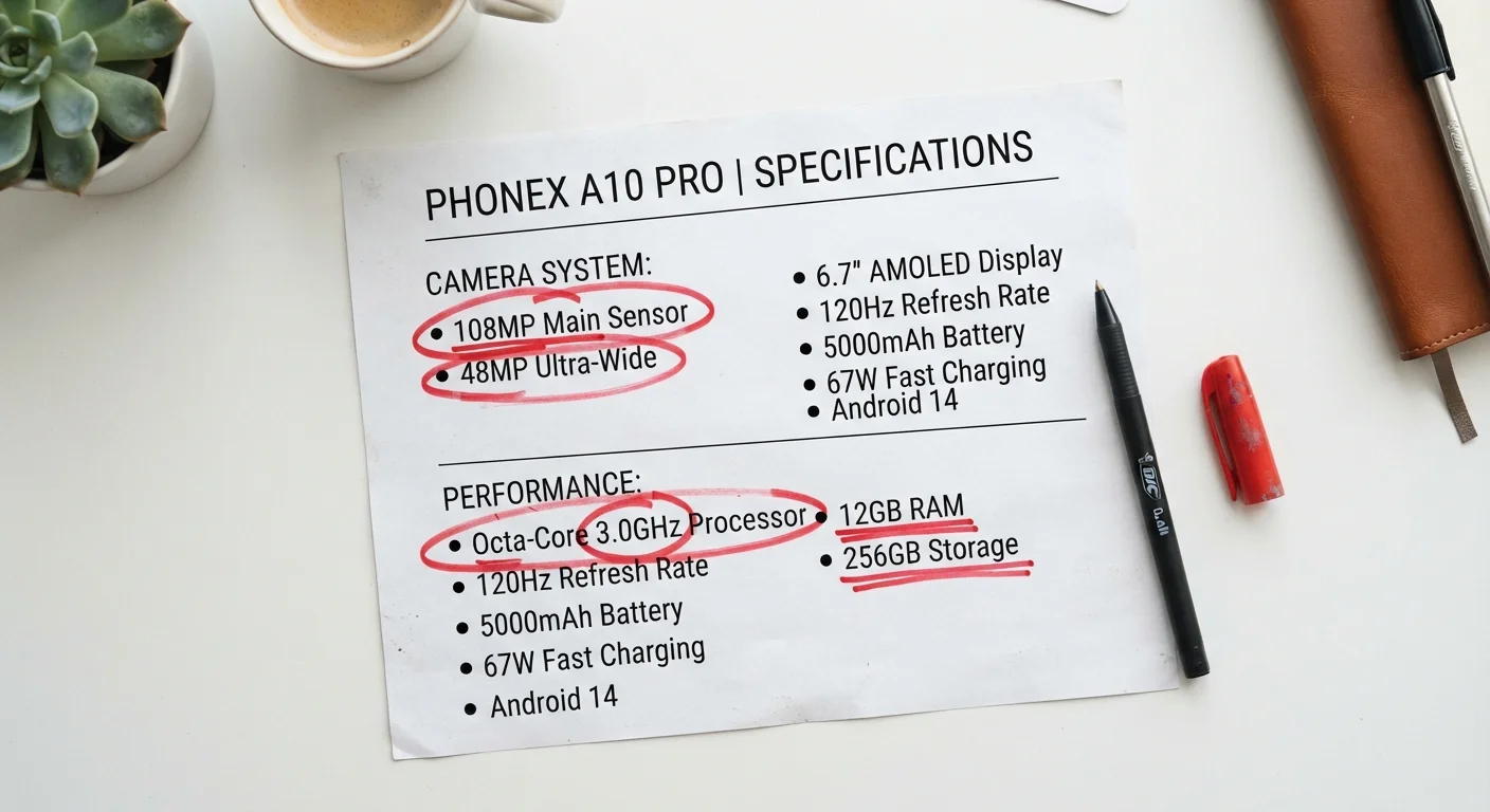 A printed smartphone spec sheet with a red marker circling highlighted numbers on a white desk