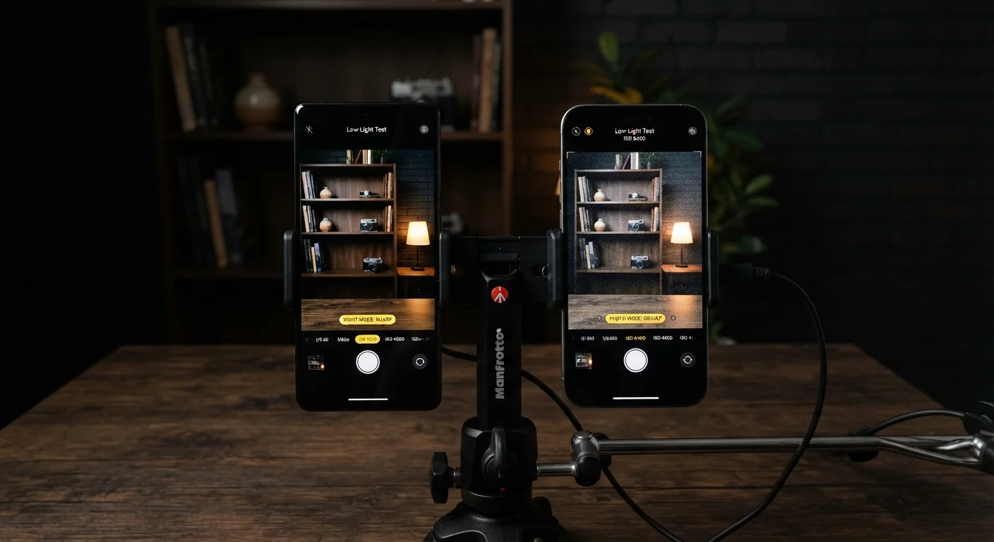 Two smartphones capturing the same indoor scene showing a sharp photo versus a grainy photo comparison