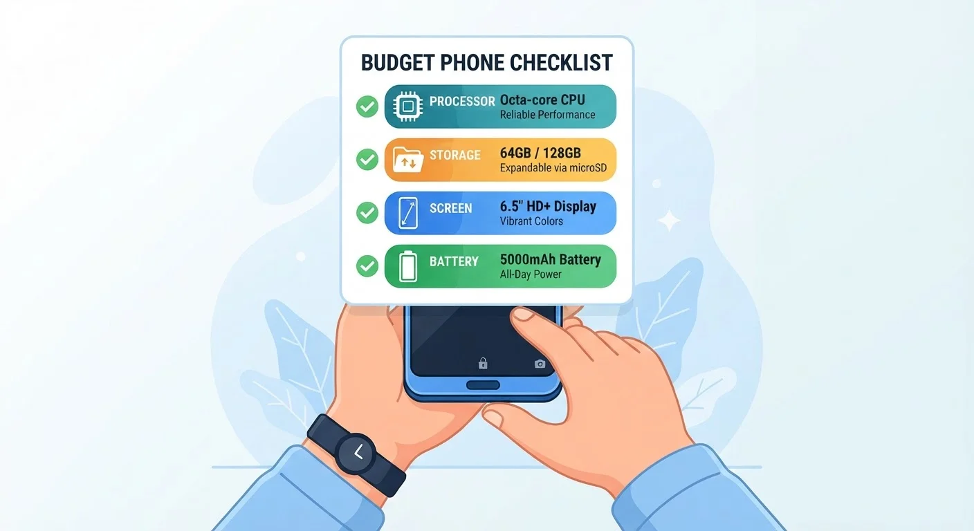 Person holding a budget smartphone with a floating checklist showing key gadget evaluation criteria icons