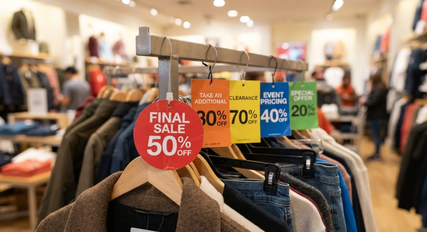Multiple clearance discount tags with varying percentages hanging from a retail clothing rack