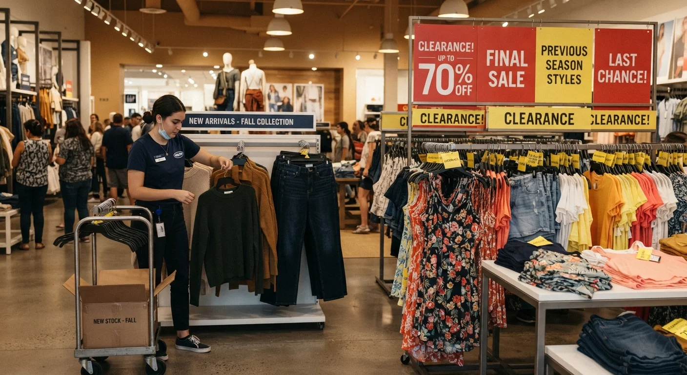 Retail worker restocking new inventory while clearance items remain on nearby shelves