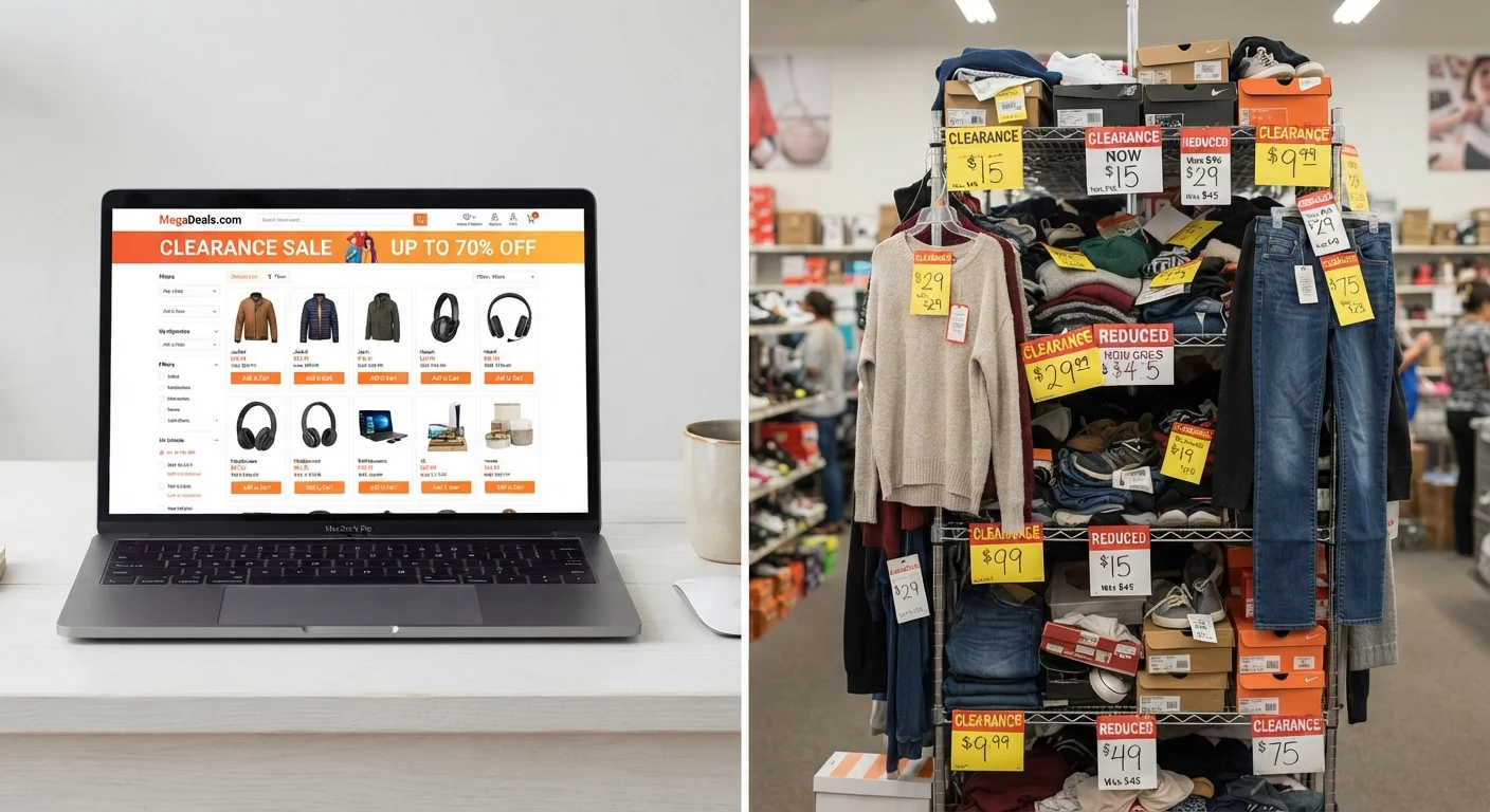 Side-by-side view of online clearance webpage and in-store clearance shelf with price tags