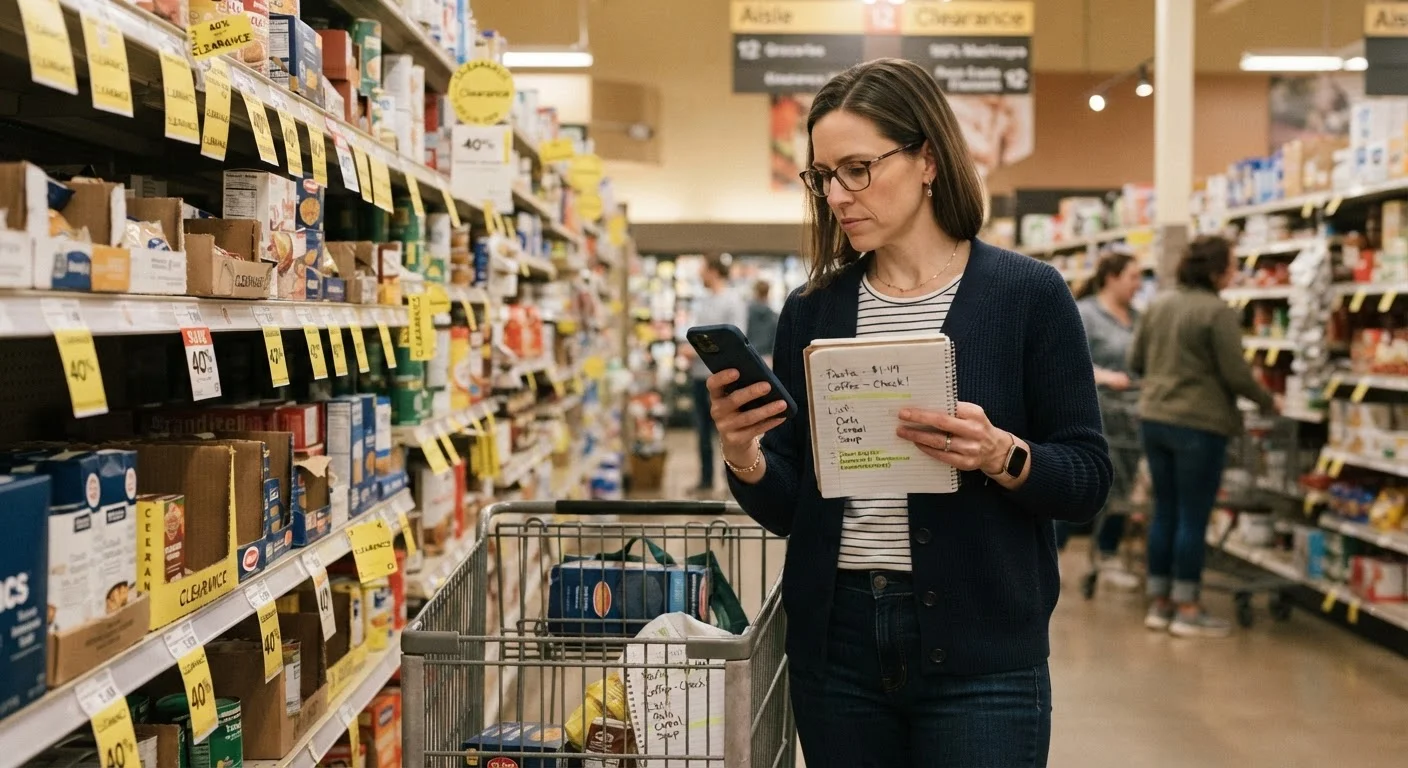 Shopper using a smartphone and notepad to systematically evaluate clearance items in a store aisle