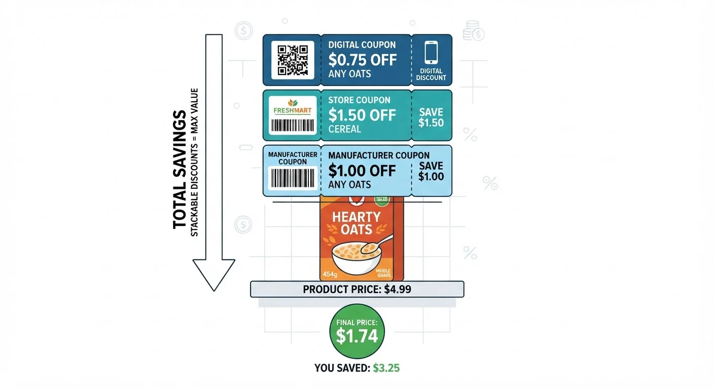 Infographic showing three coupon types stacking on a grocery product with decreasing price arrow