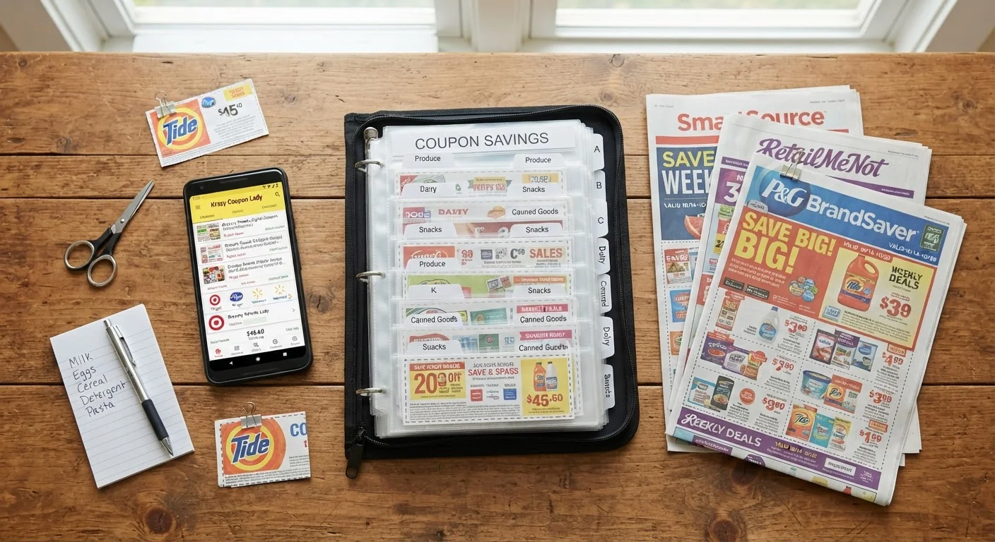 Smartphone with store coupon app displayed alongside printed newspaper inserts and coupon binder on wooden table