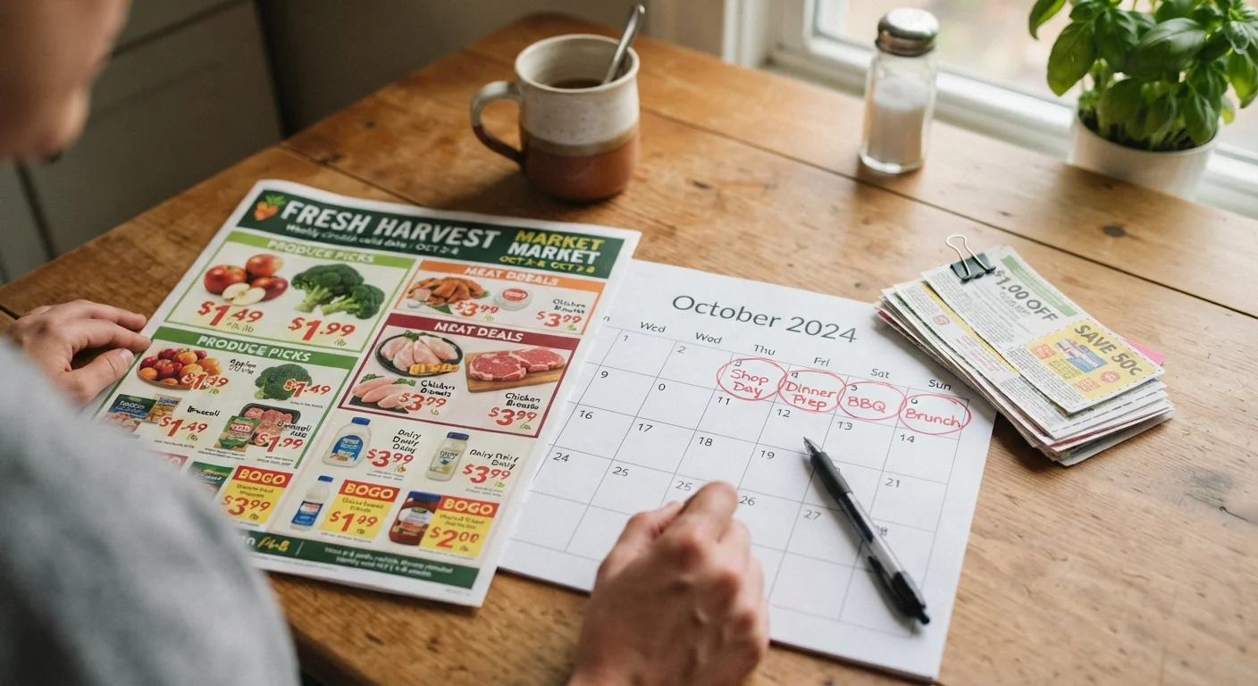 Open grocery store weekly circular beside a calendar with sale dates circled and clipped coupons nearby