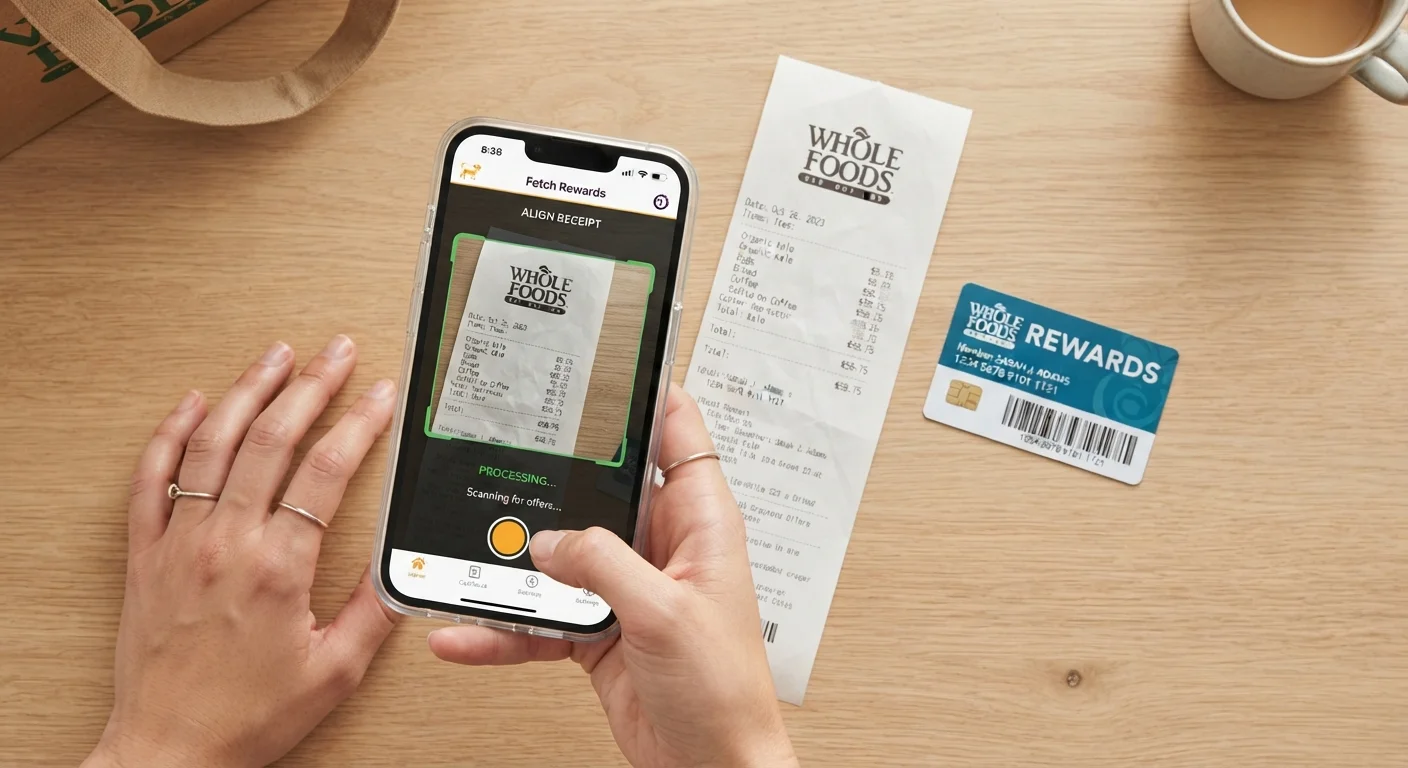 Smartphone scanning grocery receipt in cashback app next to store loyalty card after shopping trip