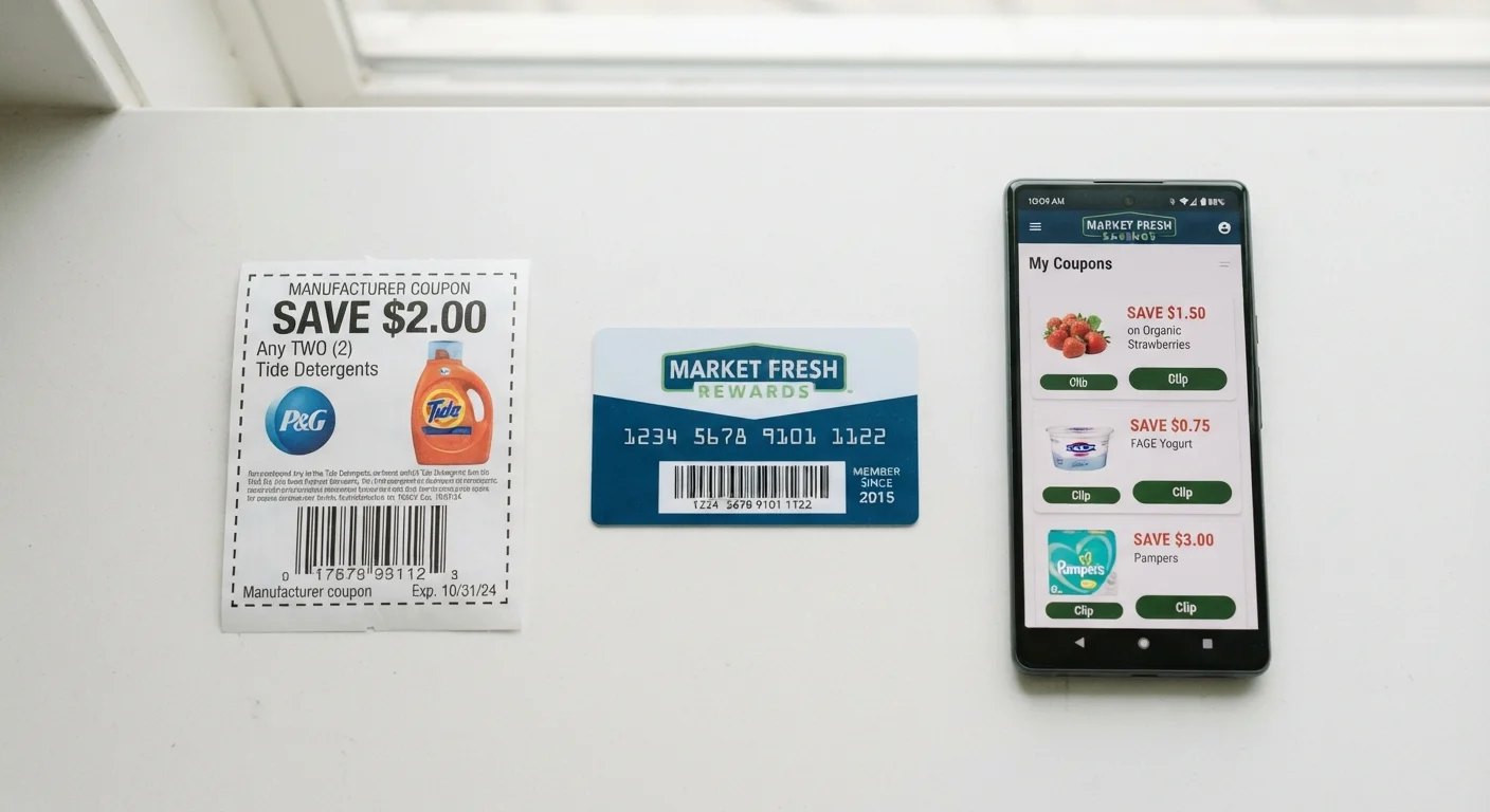 Manufacturer coupon, store loyalty card, and smartphone with digital coupon app shown side by side