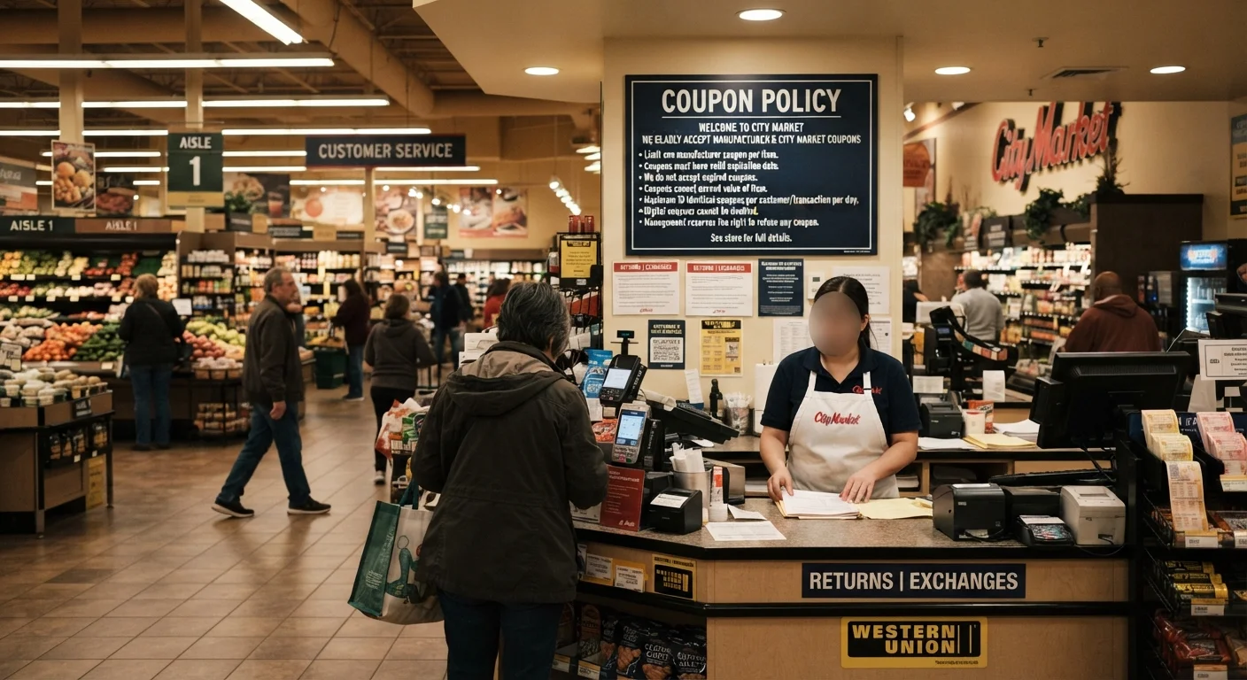 Grocery store coupon policy sign posted at a customer service desk inside a retail store