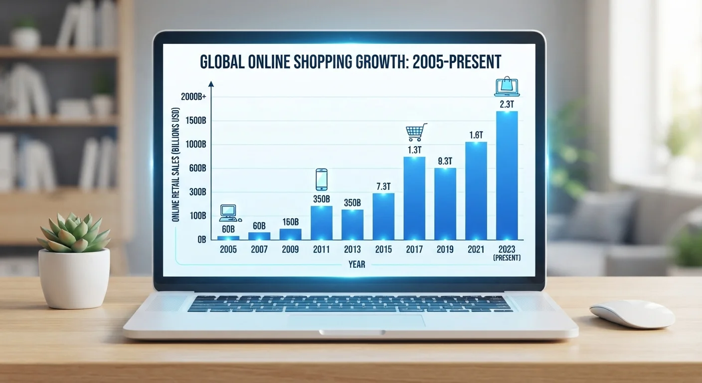 Infographic showing the growth of online shopping revenue from 2005 to the present day