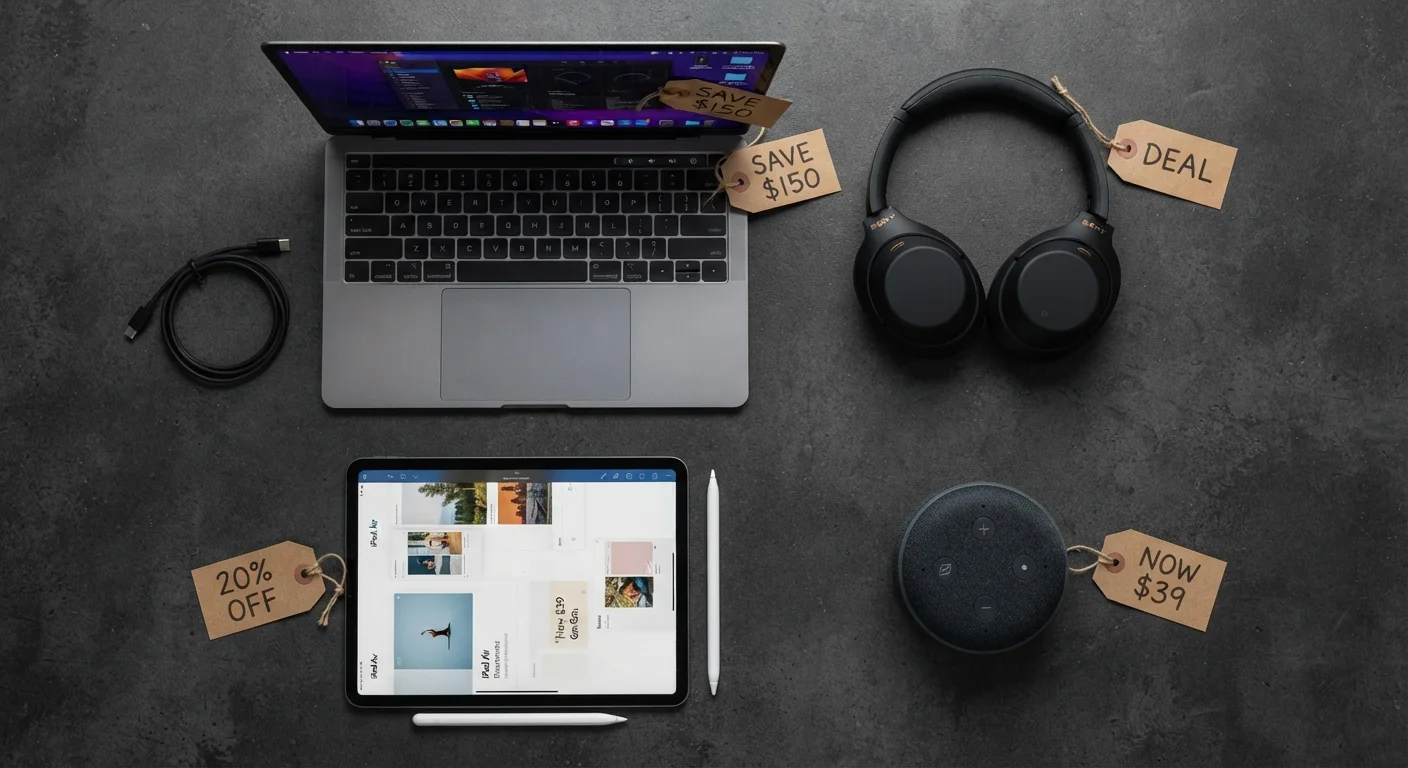 Consumer electronics including a laptop, headphones, smart speaker, and tablet displayed with discount tags