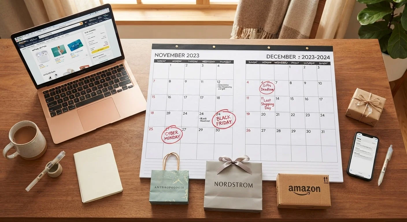Calendar pages for November and December with key shopping event dates circled in red