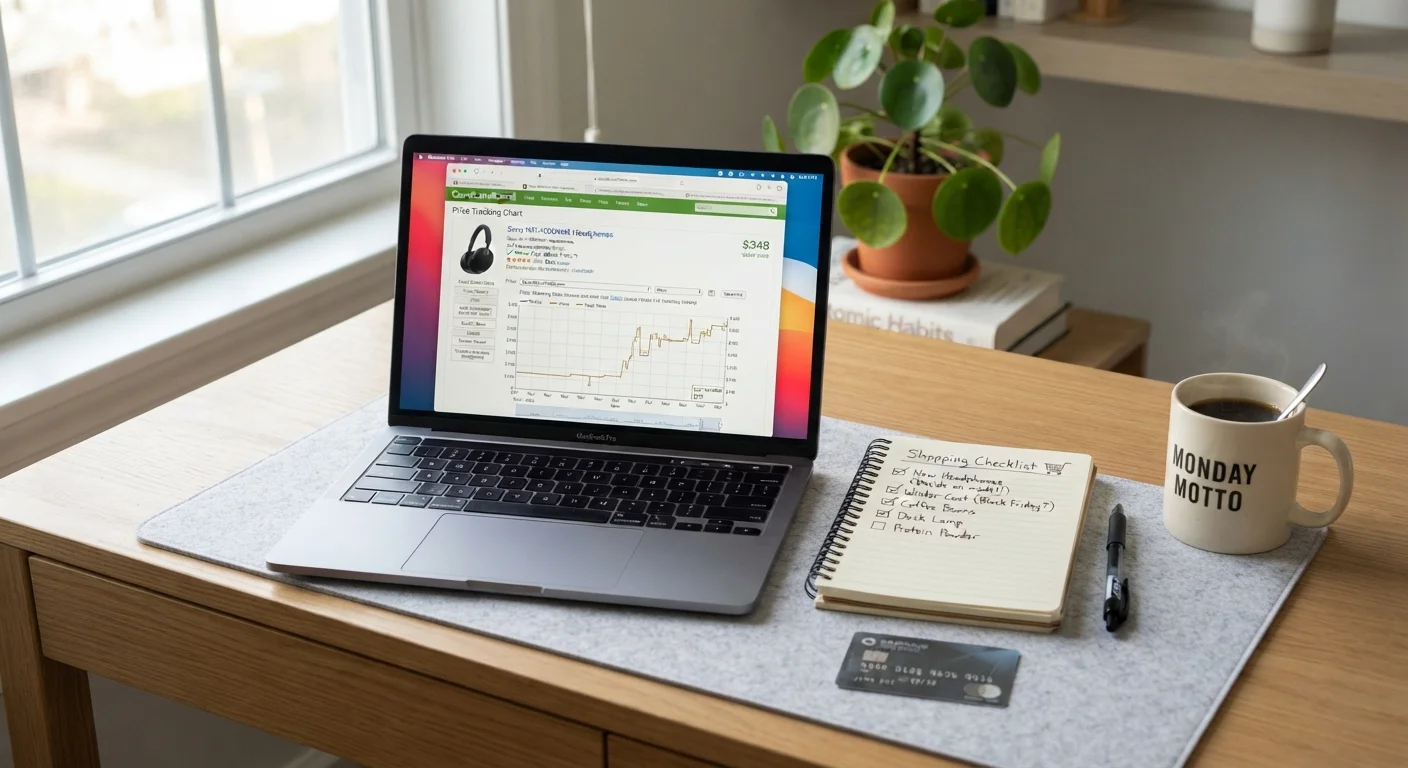 Organized desk with a shopping checklist notepad, price tracking browser chart, and credit card ready for Cyber Monday