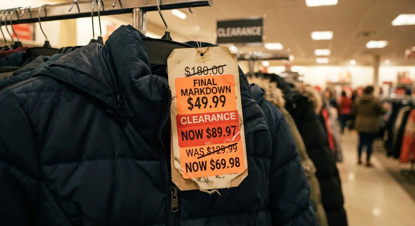 Layered markdown price stickers on a winter coat tag at a department store clearance rack.