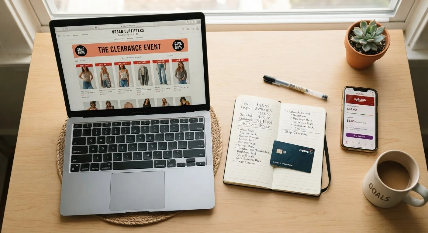 Laptop showing online clearance sale alongside notes on discount stacking, a credit card, and a cashback app.