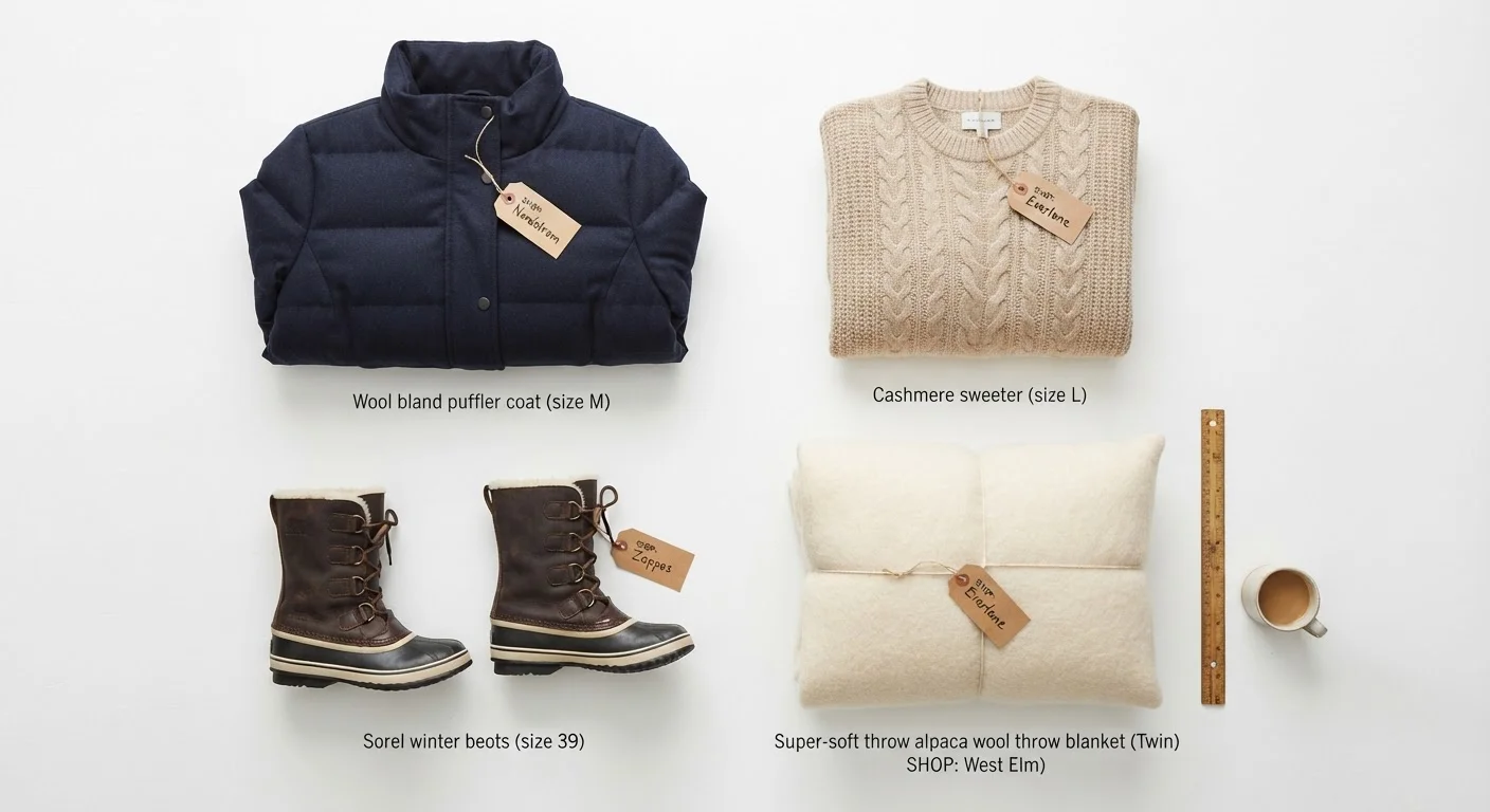 Winter clothing and home goods items organized by category with shopping channel recommendation labels.