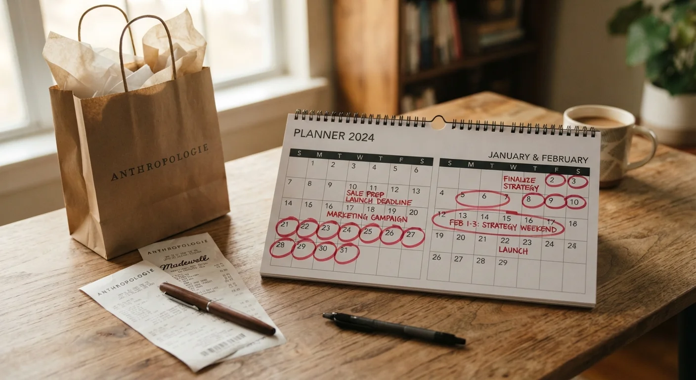 Calendar with late January and February dates circled in red indicating optimal clearance shopping timing.