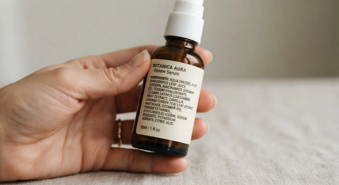 A hand holding a skincare bottle with the ingredient list clearly visible on the back