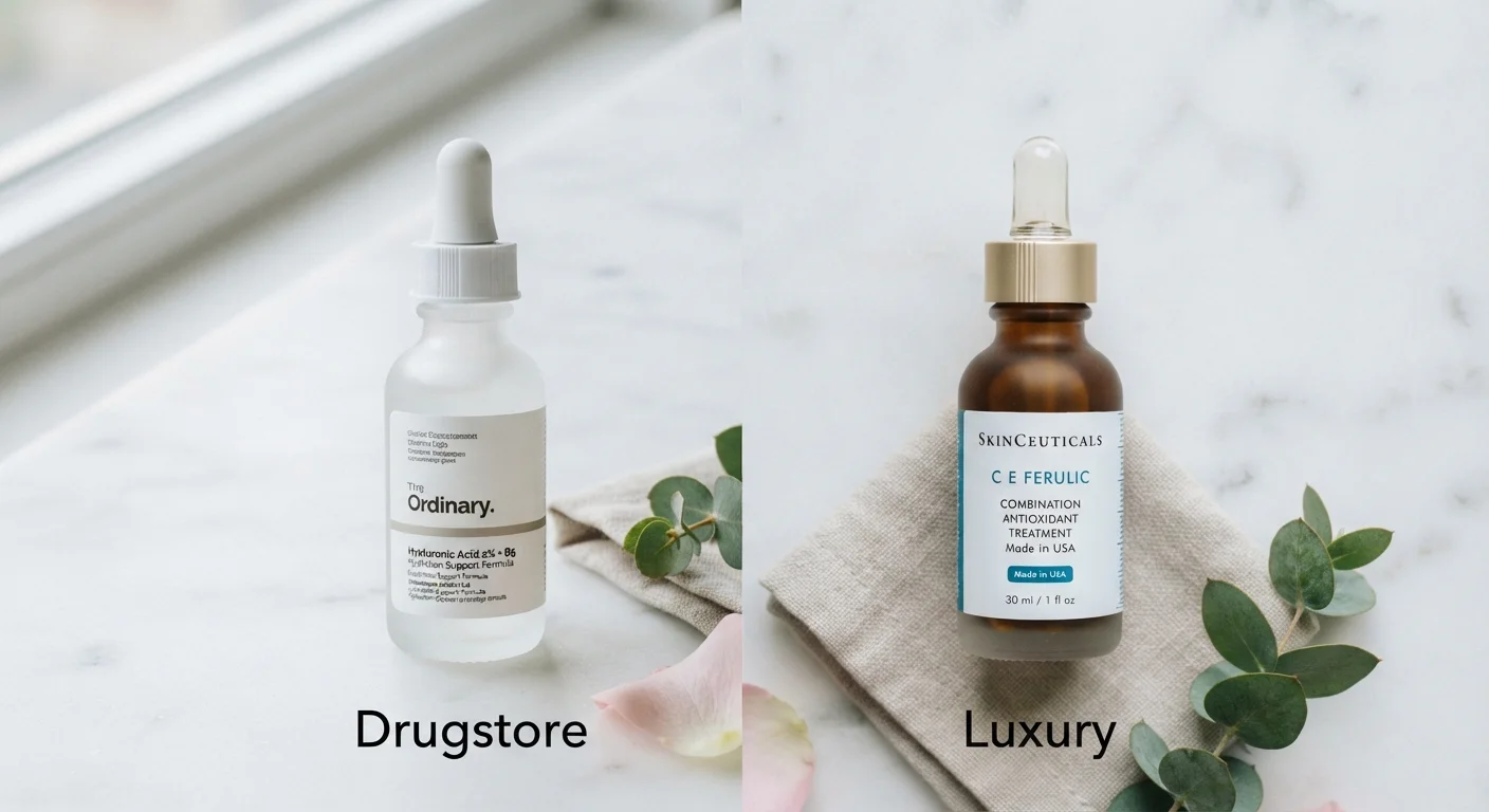 Drugstore and luxury skincare serums placed side by side for comparison on a clean white surface