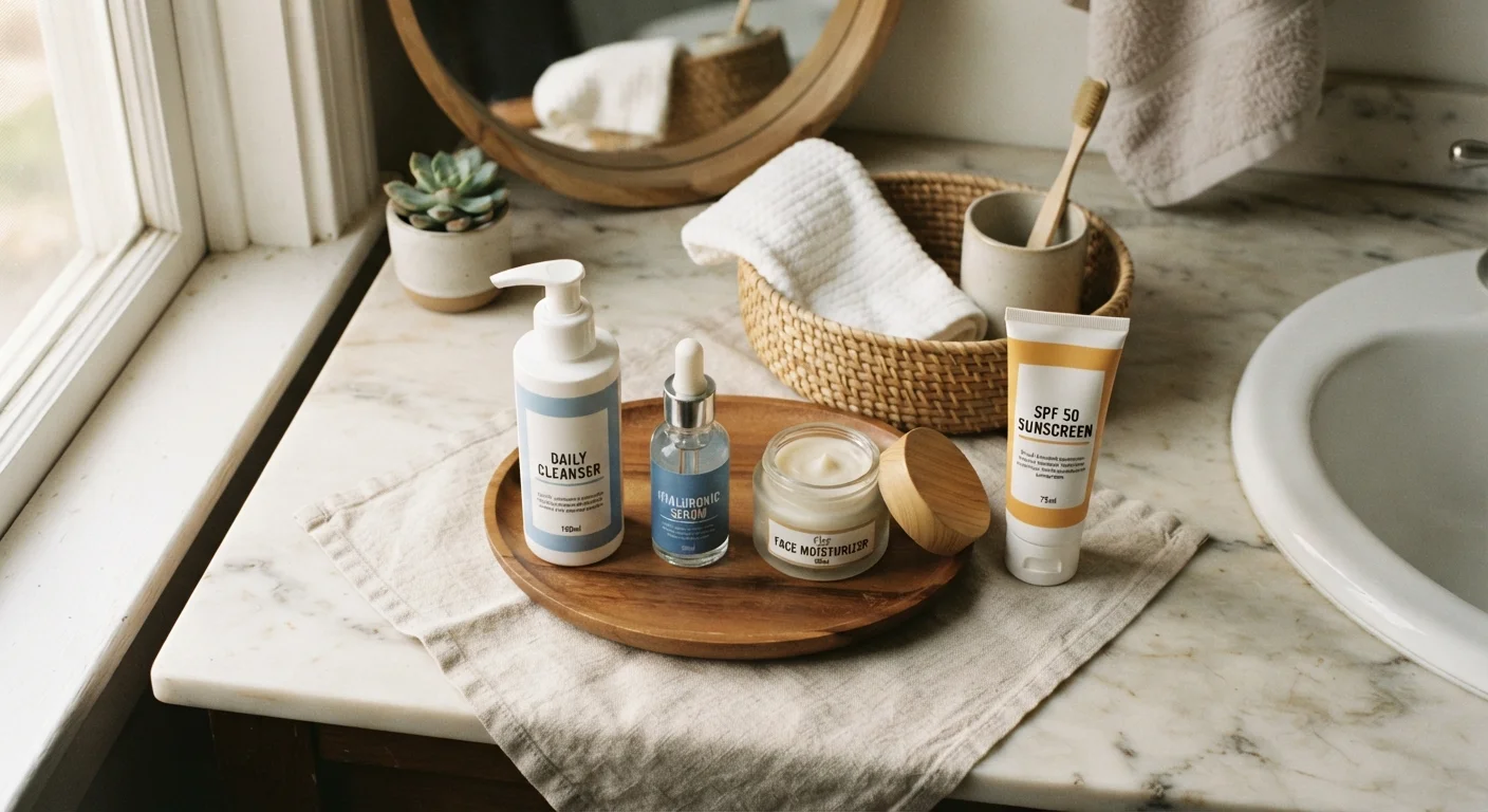 Four-step skincare routine products arranged in order on a bathroom countertop in morning light
