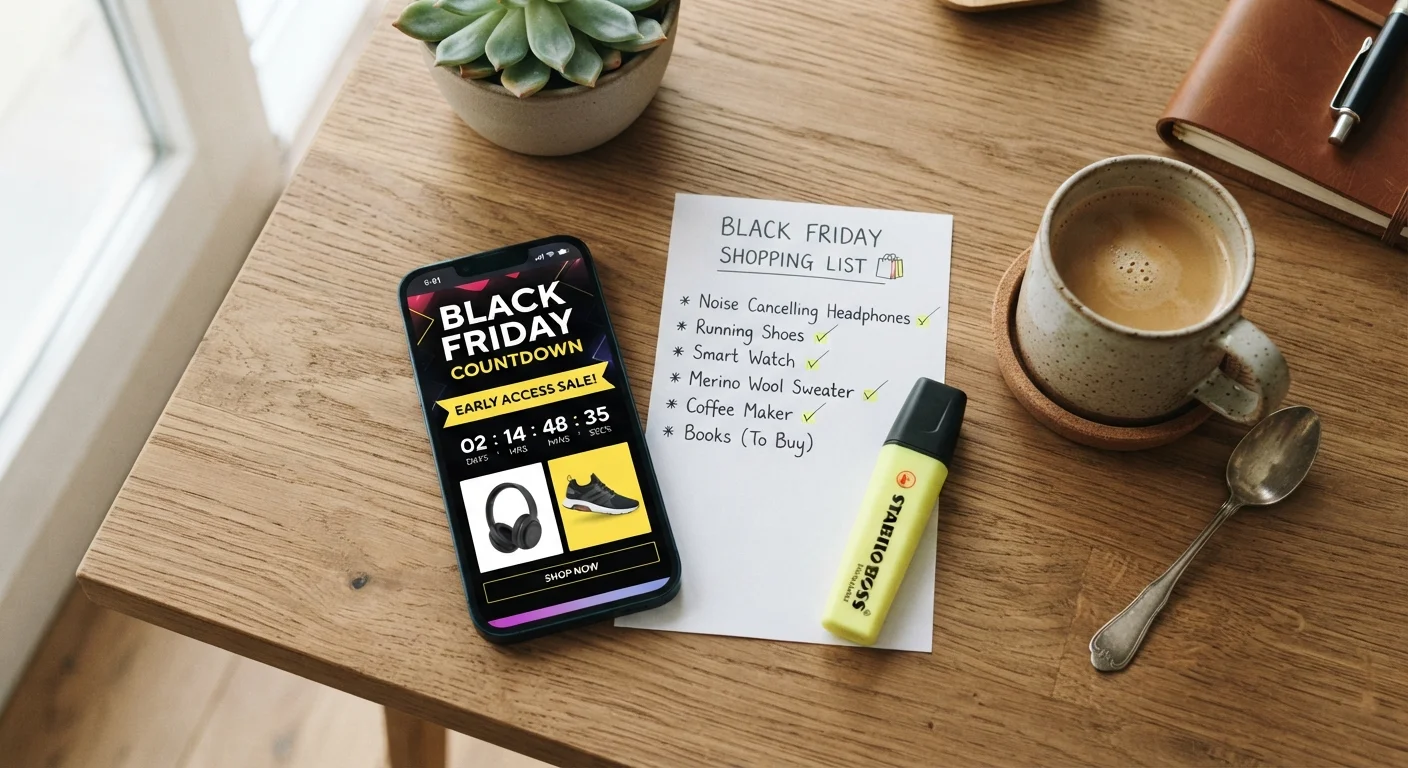 Smartphone displaying an early access Black Friday sale countdown timer beside a handwritten shopping checklist