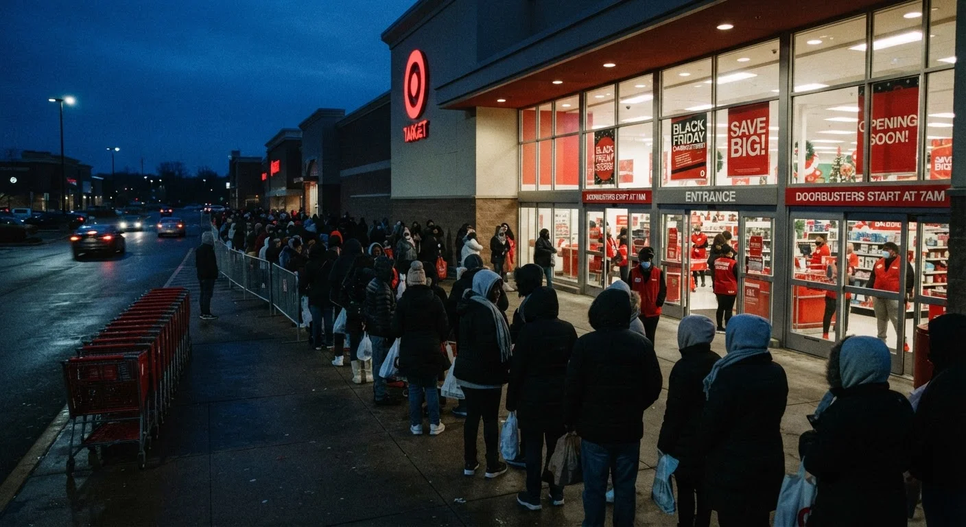 Shoppers queuing outside a retail store entrance before dawn on Black Friday for doorbuster deals