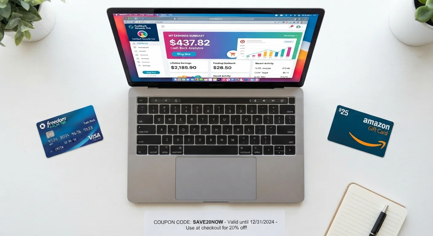 Laptop showing cashback portal dashboard next to a rewards credit card, gift card, and printed coupon codes