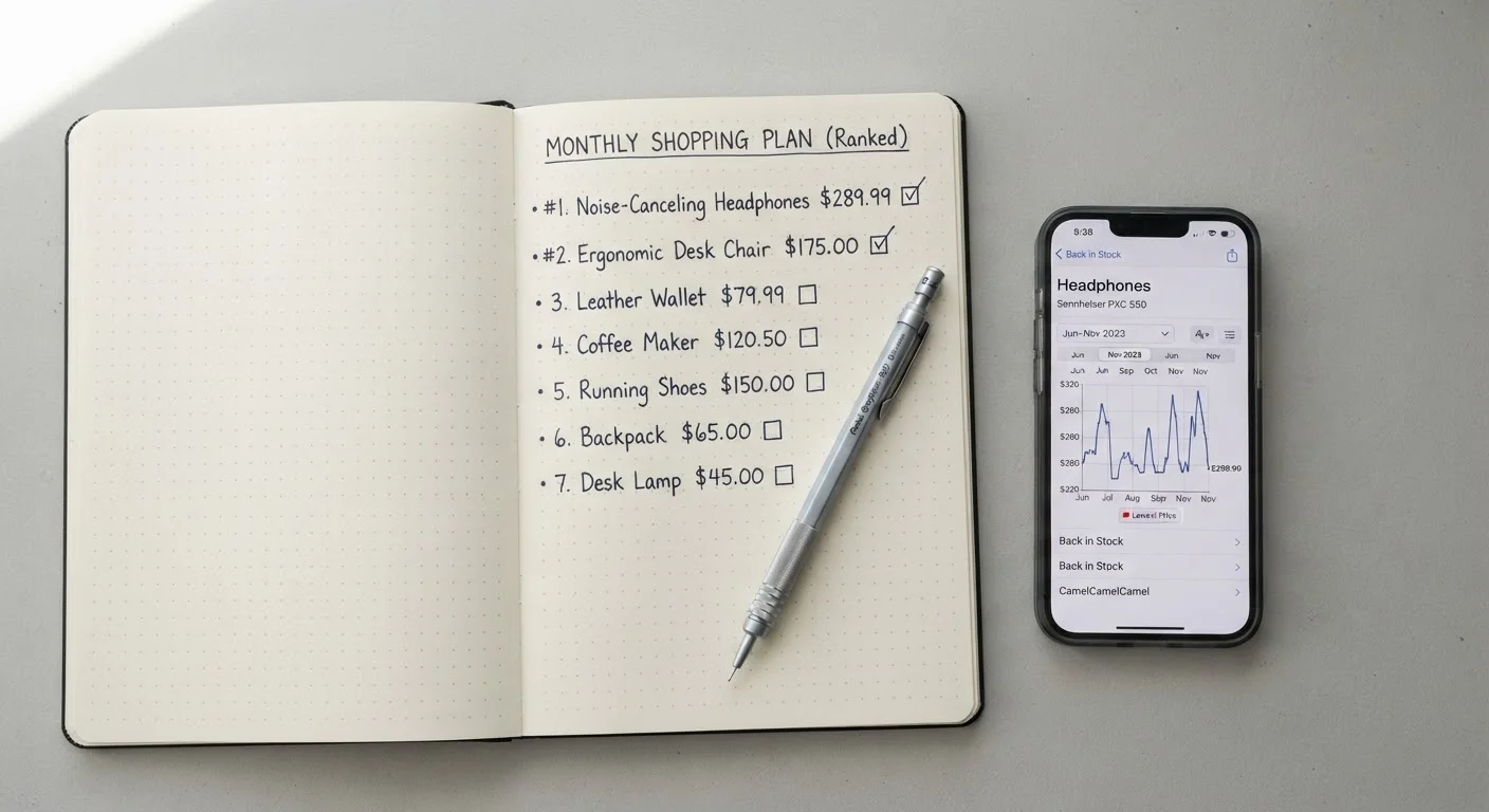 Open notebook with a ranked Black Friday shopping list and target prices beside a smartphone displaying a price history chart