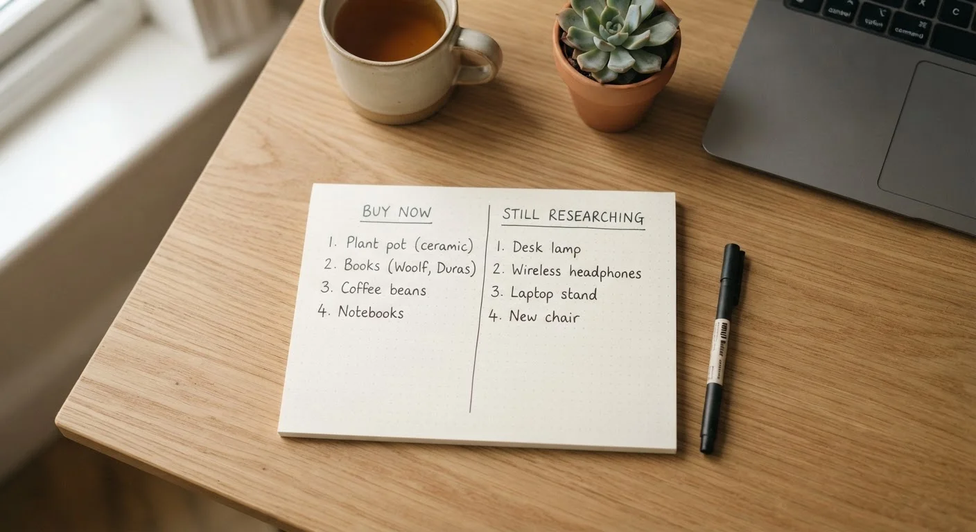 Handwritten notepad on a desk with two columns dividing buy-ready and research-phase items