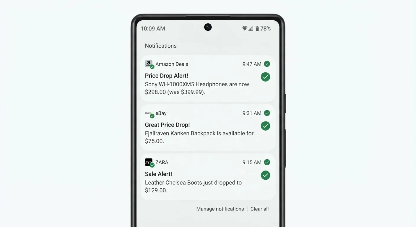 Smartphone screen showing three organized price drop alert notifications with clear labels