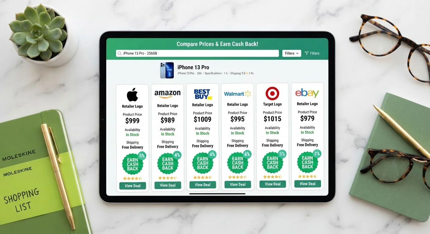 Tablet displaying a side-by-side price comparison dashboard with cashback rate badges overlaid