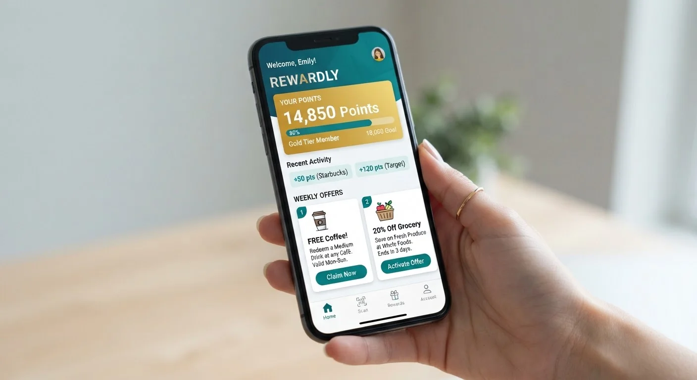Smartphone displaying a grocery loyalty app with points balance and personalized weekly offers on screen