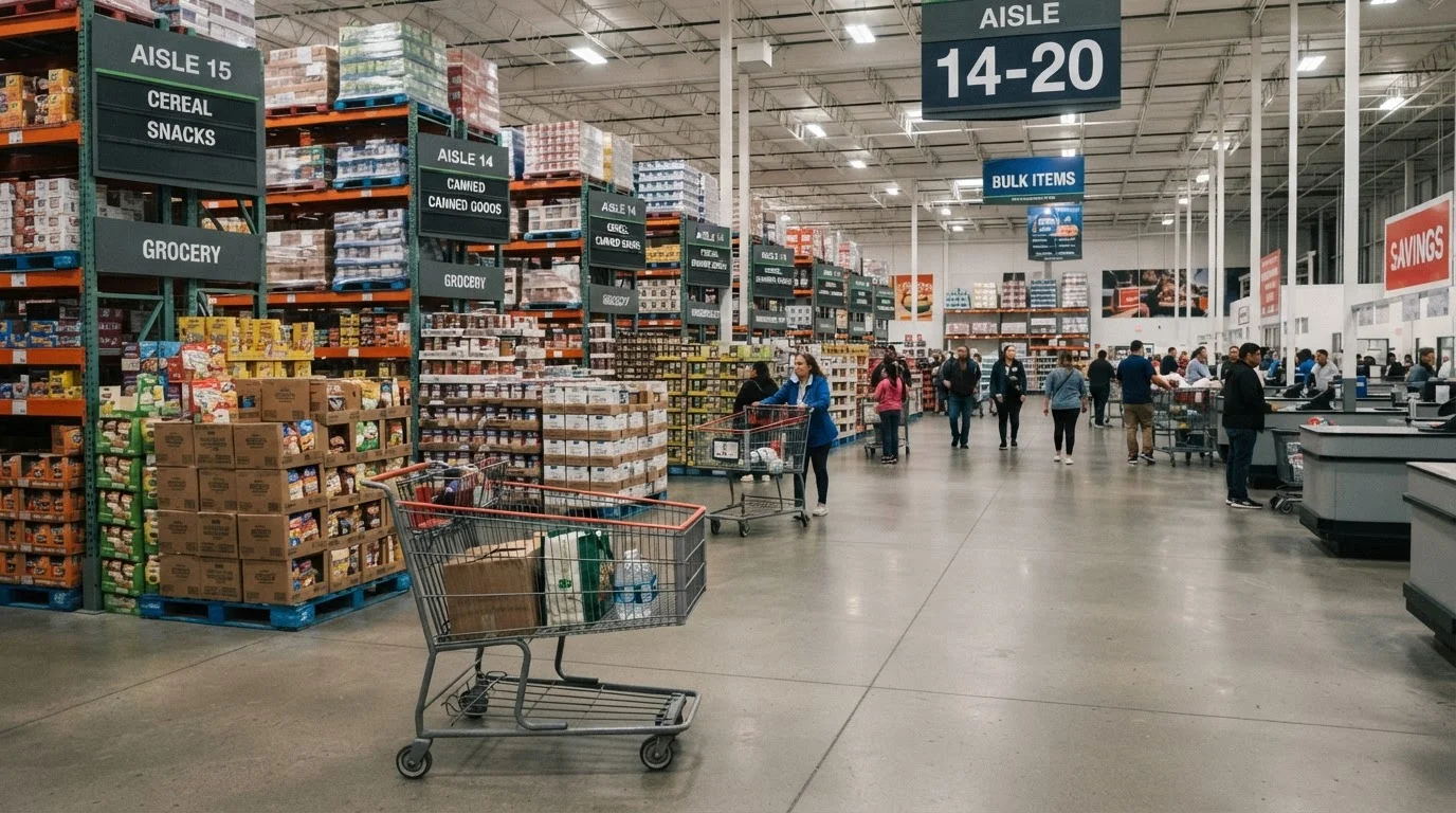 Interior of a large big-box retail store with organized aisles, shopping cart visible in the foreground