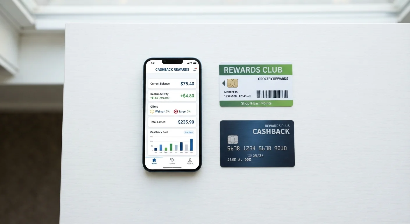 Loyalty card, rewards credit card, and smartphone showing cashback portal arranged together on a white desk surface