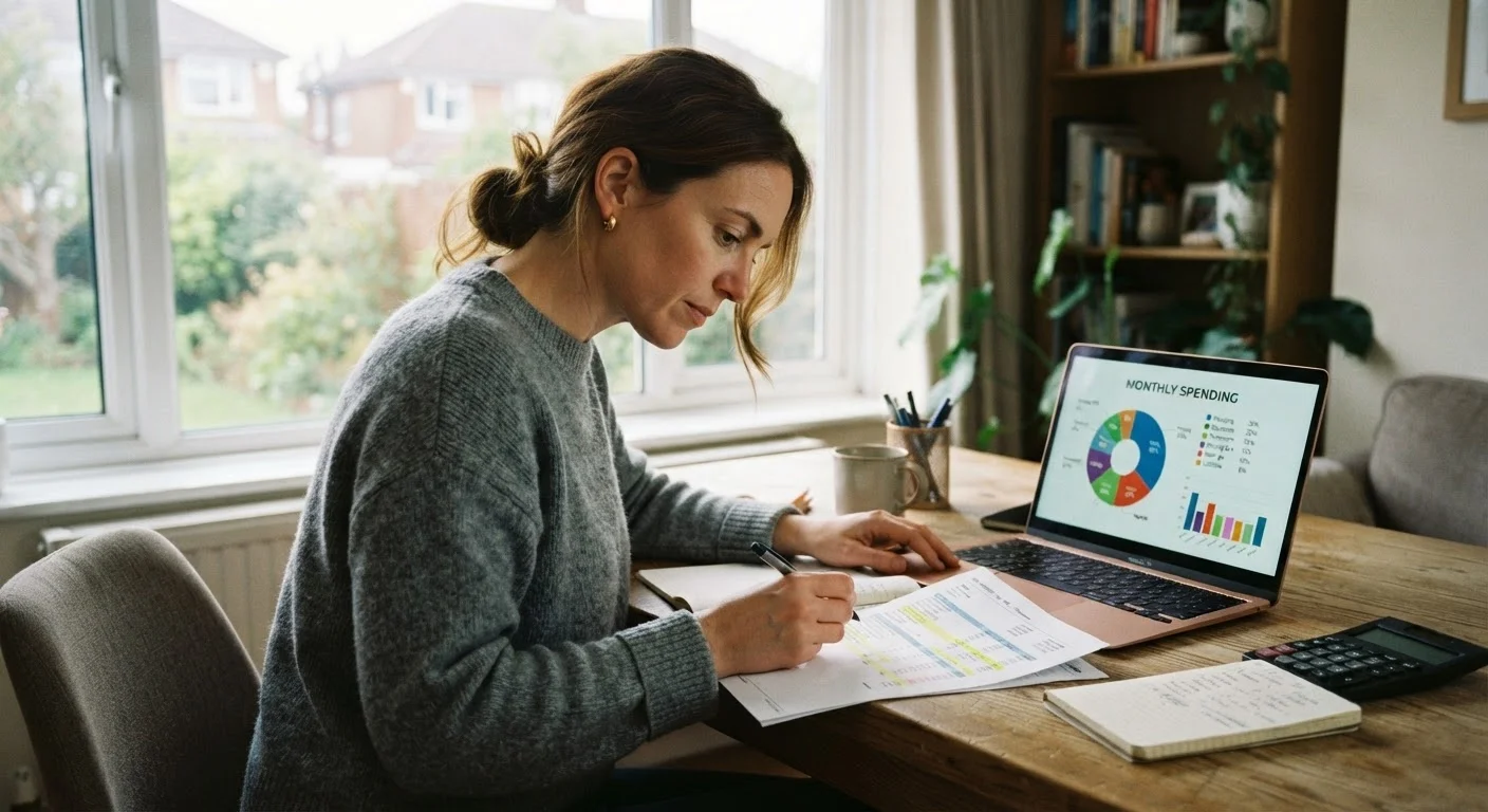 Person reviewing monthly bank statements and spending category chart on laptop to analyze where to focus loyalty enrollment