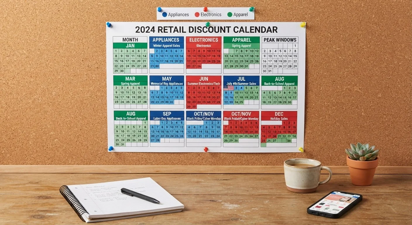 Color-coded annual retail calendar showing peak discount windows for different product categories by month