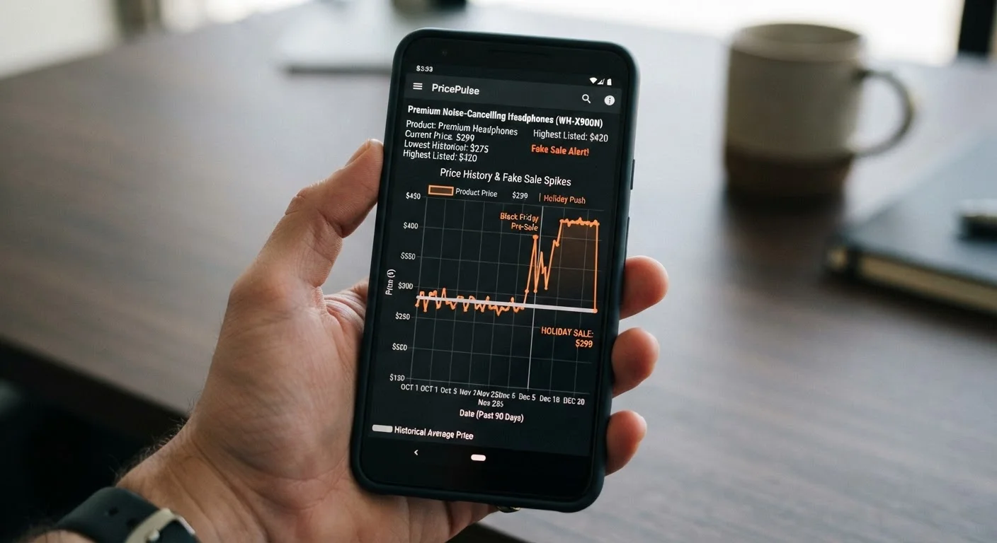 Smartphone showing price history graph revealing artificially inflated original price before a Black Friday sale