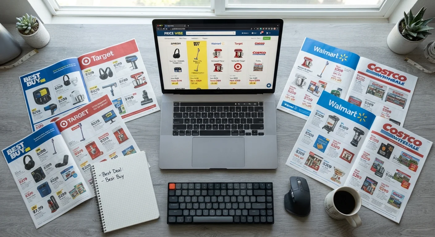 Multiple retailer sale flyers alongside a laptop showing price comparison with varying discount percentages for the same product