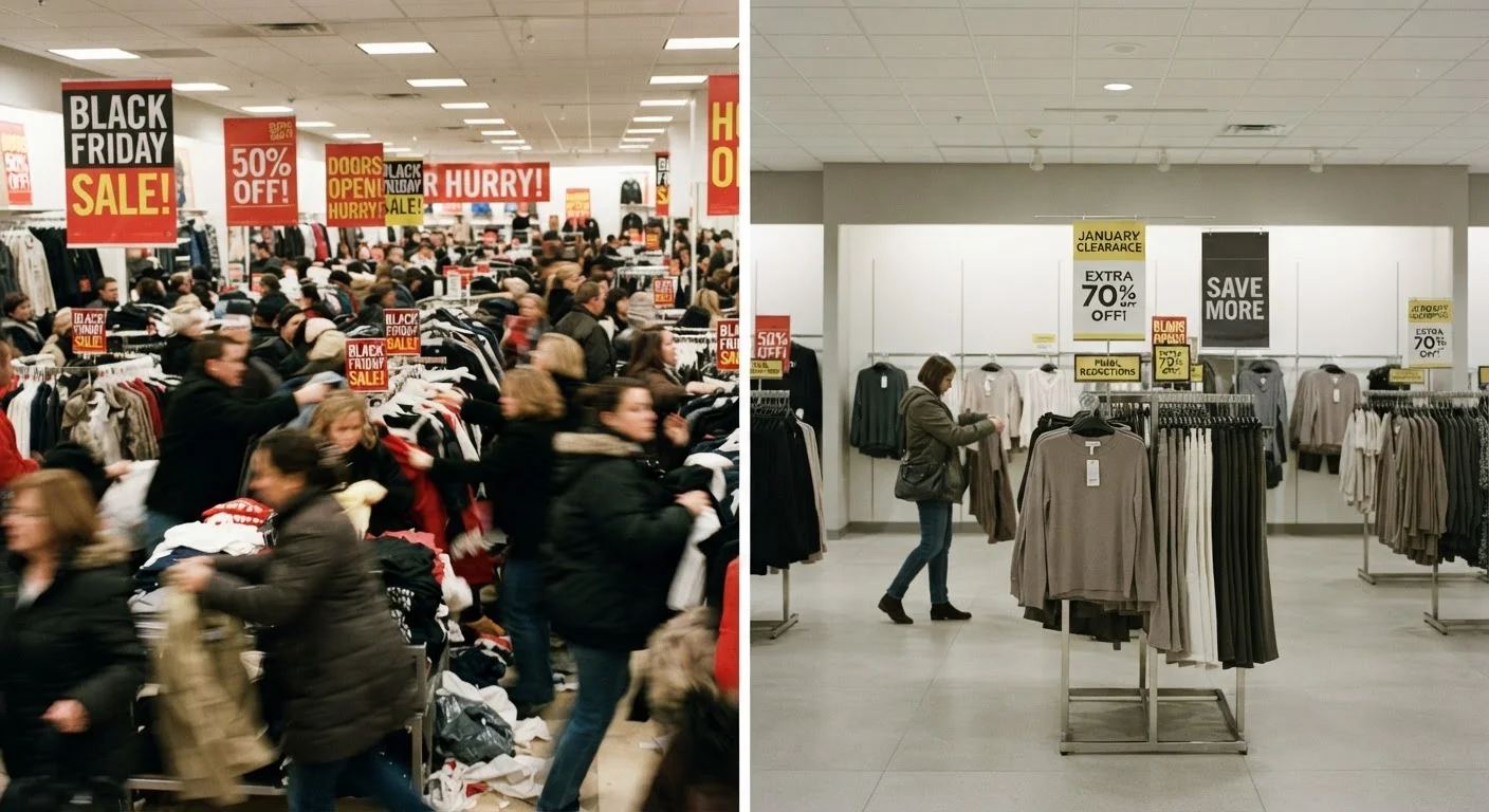 Split image contrasting chaotic Black Friday shopping with quiet January clearance rack showing deeper discounts