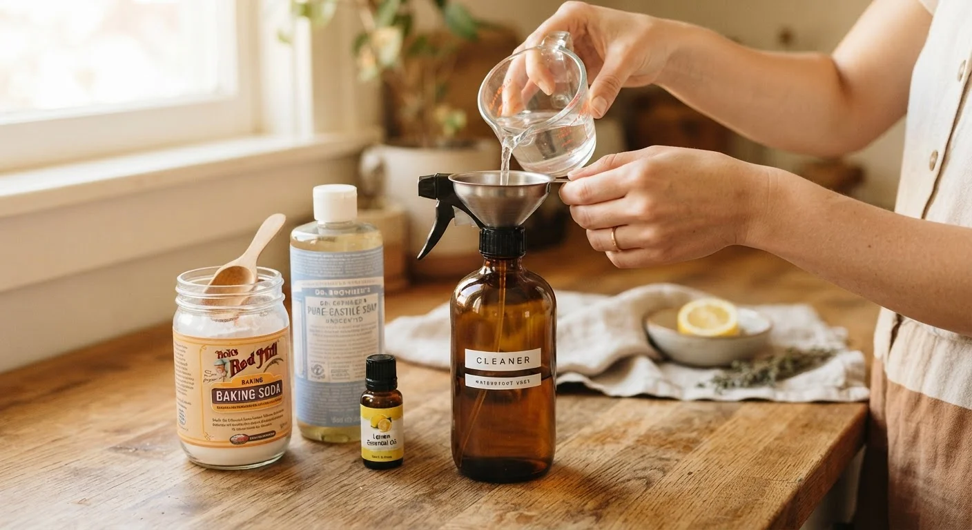 Hands pouring white vinegar into a glass spray bottle to make homemade all-purpose cleaner