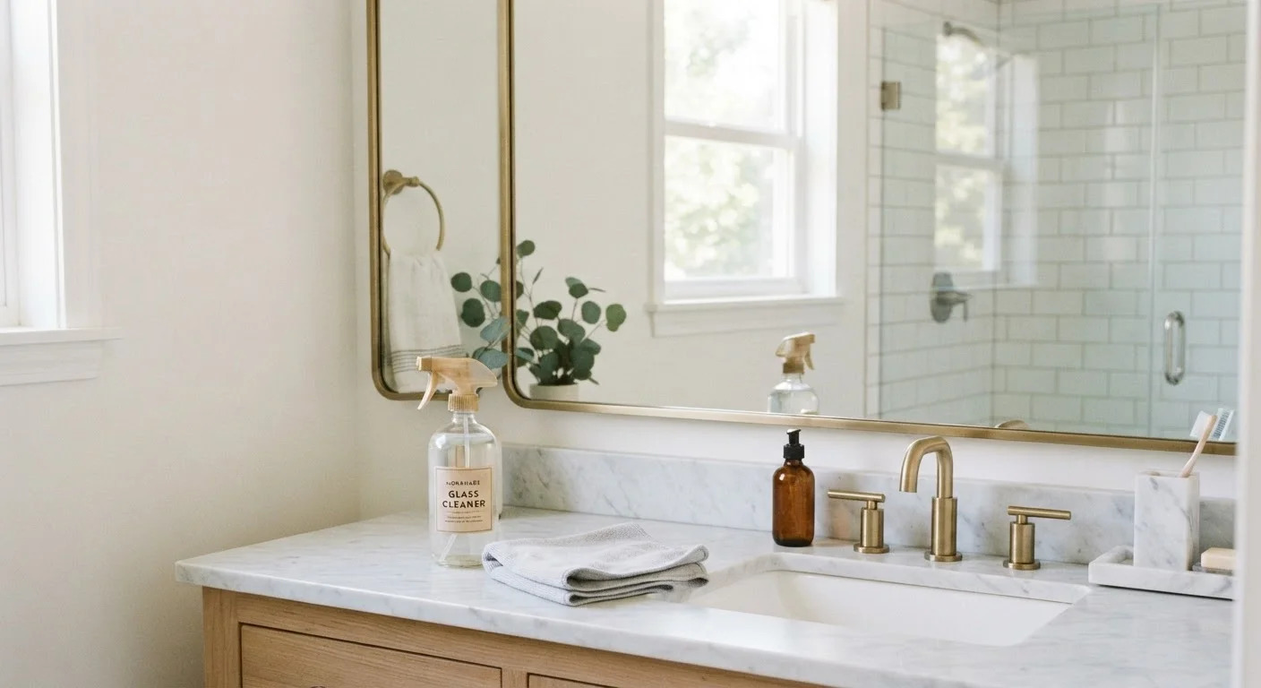 Streak-free bathroom mirror with homemade glass cleaner spray bottle and microfiber cloth on counter