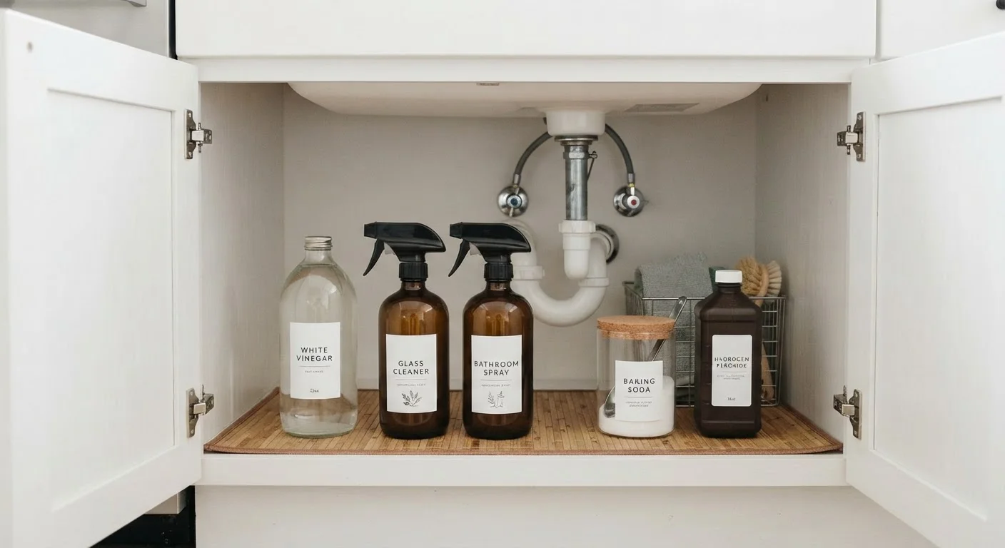 Organized under-sink cabinet with labeled amber glass bottles of homemade cleaners and pantry ingredients