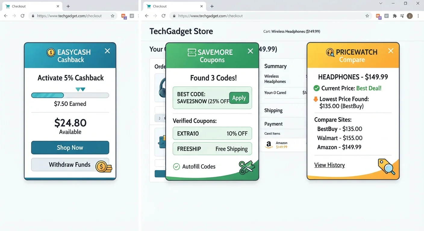 Three browser extension popup windows showing cashback, coupon, and price comparison features at checkout