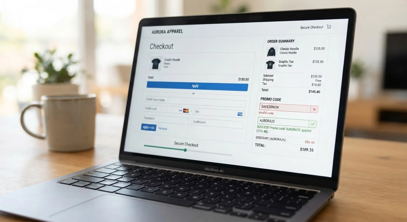 Laptop screen showing promo code field at checkout with coupon codes being tested and a success checkmark
