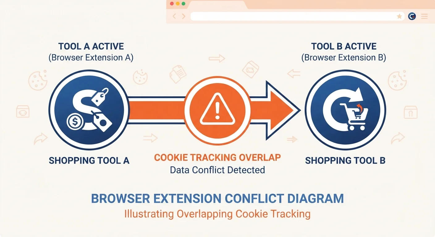 Diagram showing potential cookie tracking conflict between two browser shopping extensions
