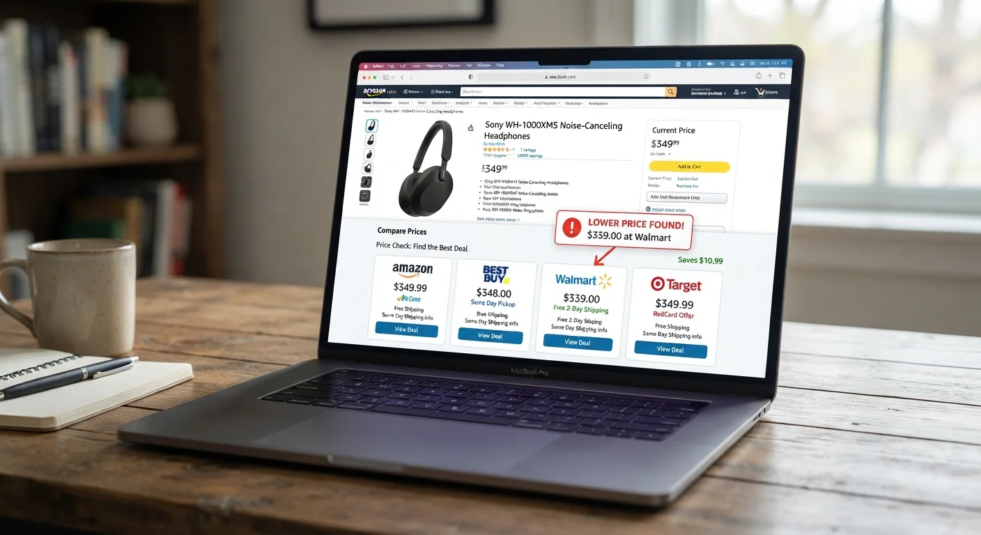 Product page on laptop displaying a price comparison widget listing prices from multiple competing retailers